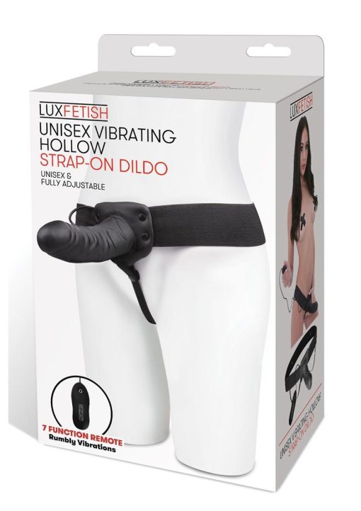 Lux Fetish Unisex Vibrating Hollow Strap-On Dildo With Wired Remote Control Black 9 Inch - Image 2