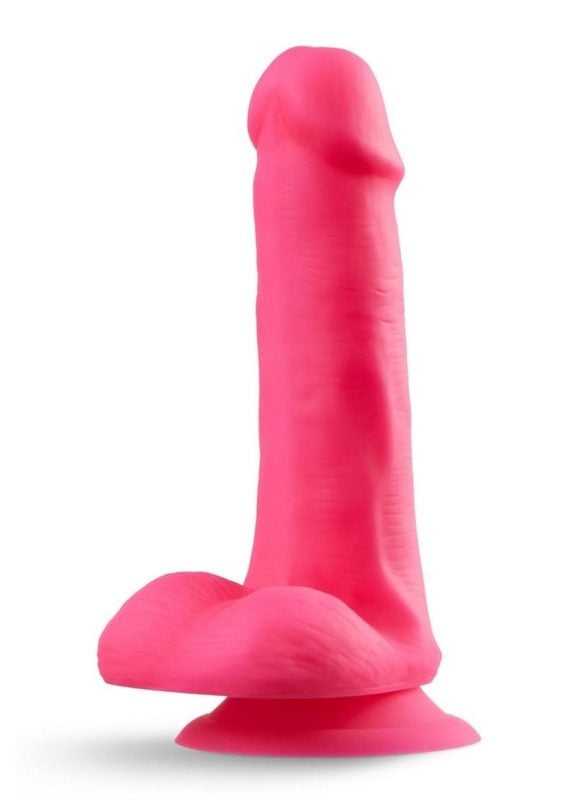 Neo Elite Silicone Dual Density Dildo with Balls 6in - Neon Pink