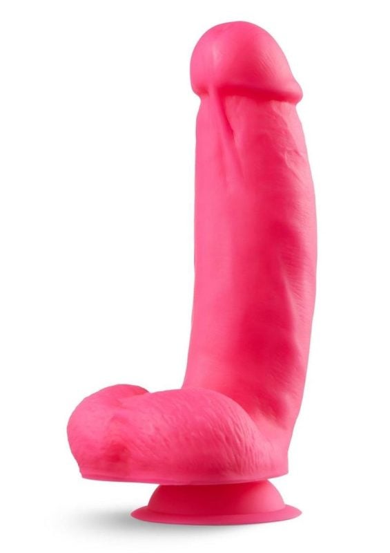 Neo Elite Silicone Dual Density Dildo with Balls 7in - Neon Pink