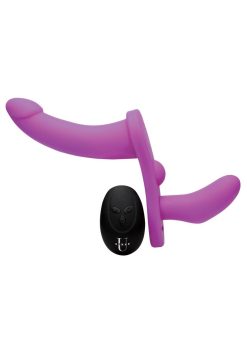 Strap U Double Take Double Penetration Rechargeable Silicone Vibrating Strap-on Harness with Remote Control - Purple