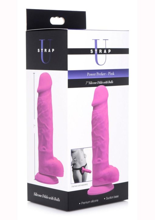 Strap U Power Pecker Silicone 7in Dildo with Balls - Pink - Image 2