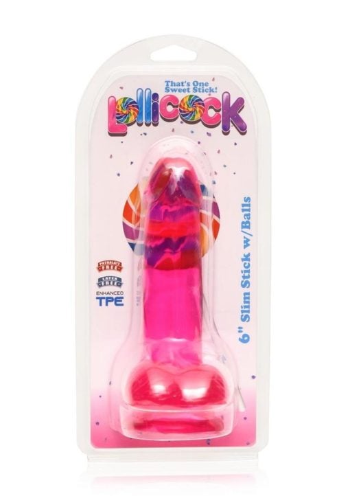 Lollipop Slim Stick Dildo with Balls 6in - Cherry Ice - Image 2