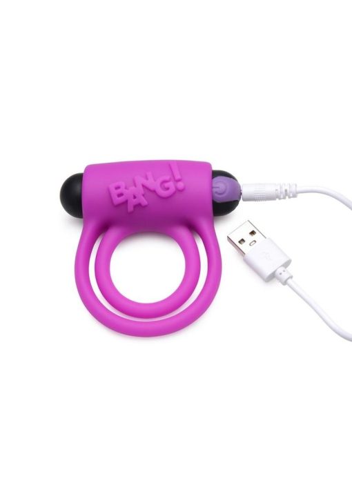 Bang! Silicone Rechargeable Cock Ring And Bullet With Remote Control - Purple - Image 3