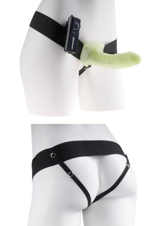 Fetish Fantasy Series For Him Or Her Vibrating Hollow Strap-On Dildo and Adjustable Harness with Wired Remote Control 6in - Glow-In-The-Dark