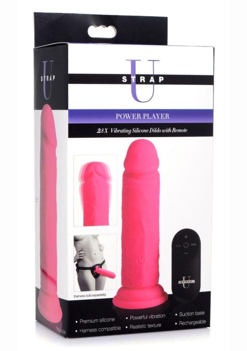Strap U Power Player 28X Vibrating Silicone Rechargeable Dildo 6.5in With Remote Control - Pink - Image 2