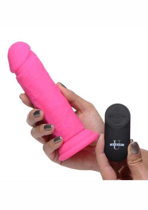 Strap U Power Player 28X Vibrating Silicone Rechargeable Dildo 6.5in With Remote Control - Pink - Image 4