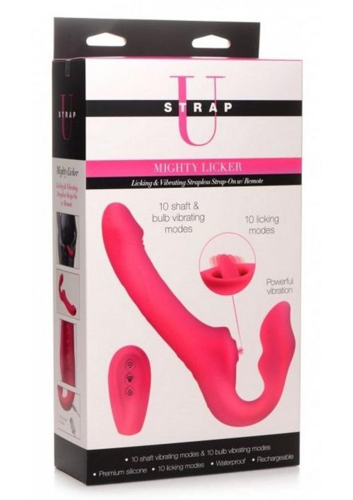 Strap U Licking Vibrating Rechargeable Silicone Strapless Strap-On with Remote Control - Pink - Image 2