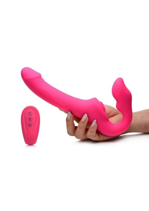 Strap U Licking Vibrating Rechargeable Silicone Strapless Strap-On with Remote Control - Pink - Image 4