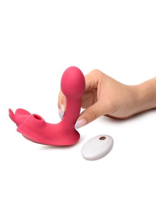 Shegasm Butterfy Tease Rechargeable Silicone 10X Clitoral Suction Stimulator with Remote Control - Pink - Image 4