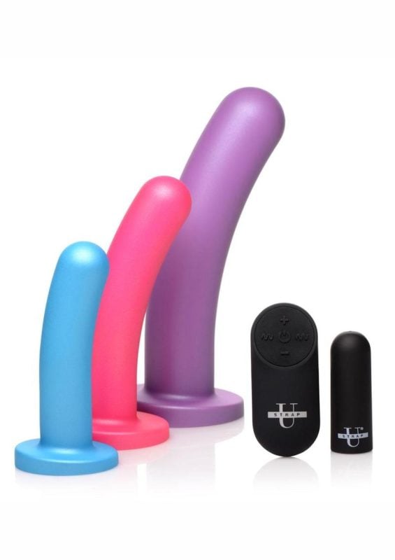 Strap U Triple Peg 28X Vibrating Rechargeable Silicone Dildo Set with Remote Control (5 piece) - Assorted Colors