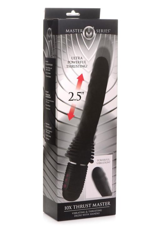 Master Series Vibrating and Thrusting Rechargeable Silicone Dildo - Black - Image 2