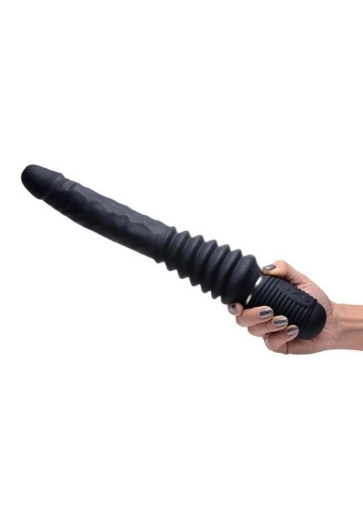 Master Series Vibrating and Thrusting Rechargeable Silicone Dildo - Black - Image 4