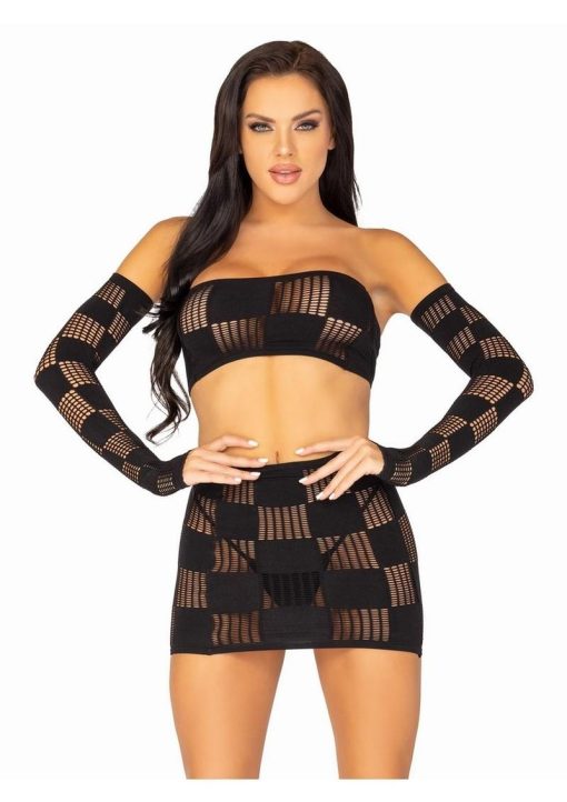Leg Avenue Checkerboard Net and Opaque Bandeau Mini Skirt and Arm Warmers - OS - Black - Image 3