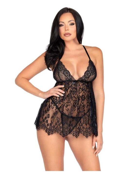 Leg Avenue Floral Lace Babydoll with Eyelash Lace Scalloped Hem Adjustable Cross-Over Straps and G-String Panty - Medium - Black - Image 3