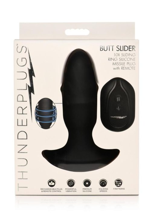 Thunder Plug Butt Slider 7x Sliding Ring Silicone Rechargeable Missle Plug with Remote Control - Black - Image 2