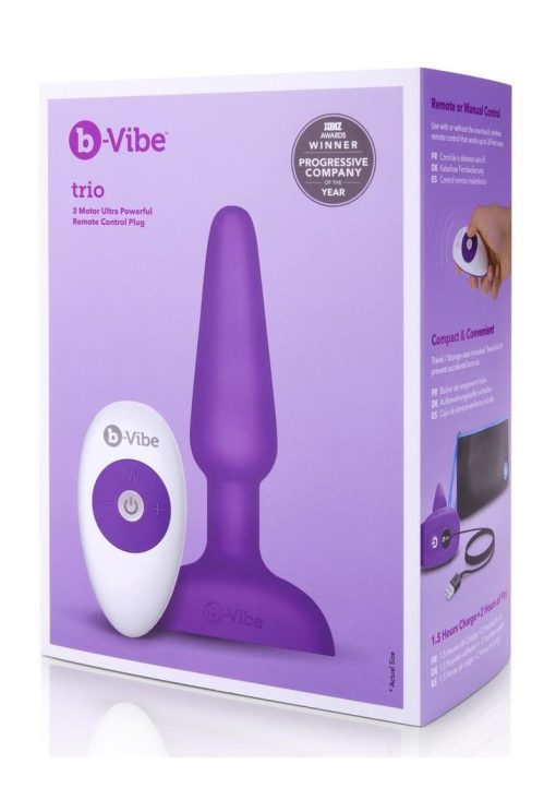 B-Vibe Trio Plug Rechargeable Silicone Anal Plug with Remote Control - Purple - Image 2