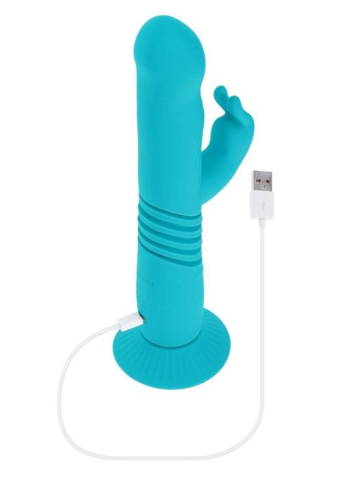 Bunny Hop Rechargeable Silicone Throbbing Rabbit Vibrator - Blue - Image 4