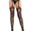 Leg Avenue Bloom Net Stockings with Cut-Out Thigh Detail and Attached Garter Belt - Black - O/S - Image 4