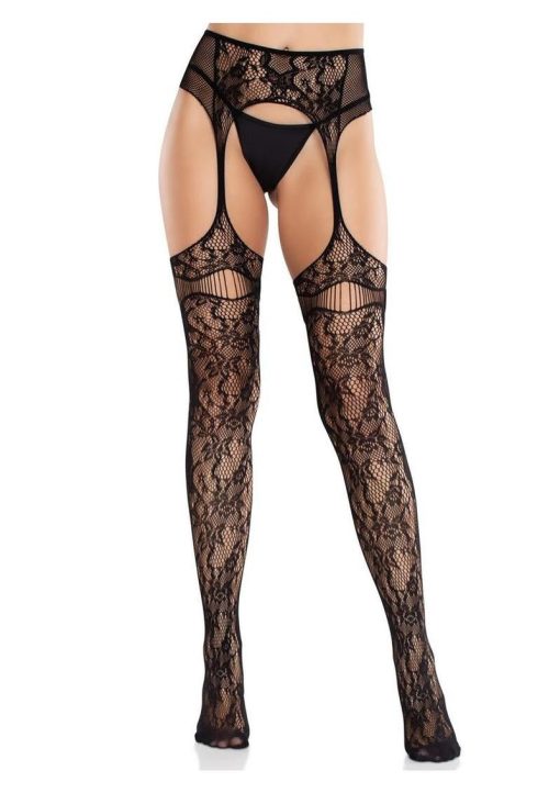 Leg Avenue Bloom Net Stockings with Cut-Out Thigh Detail and Attached Garter Belt - Black - O/S - Image 4