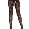 Eyelet Rose Lace Crotchless Tights with Cheeky Open Back - Black - O/S