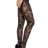 Eyelet Rose Lace Crotchless Tights with Cheeky Open Back - Black - O/S