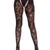 Eyelet Rose Lace Crotchless Tights with Cheeky Open Back - Black - O/S - Image 4
