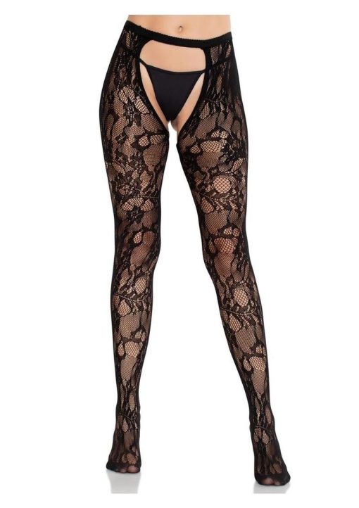 Eyelet Rose Lace Crotchless Tights with Cheeky Open Back - Black - O/S - Image 4