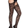 Leg Avenue Scalloped Trimmed Cross Hatch Floral Lace Suspender Hose - Black - O/S