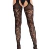 Leg Avenue Scalloped Trimmed Cross Hatch Floral Lace Suspender Hose - Black - O/S - Image 4