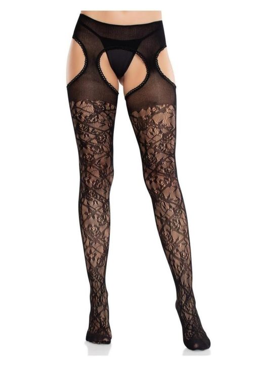 Leg Avenue Scalloped Trimmed Cross Hatch Floral Lace Suspender Hose - Black - O/S - Image 4