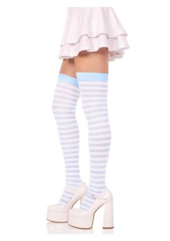 Leg Avenue Nylon Stocking with Stripe - White/Light Blue - O/S