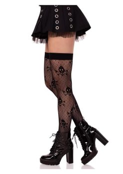Leg Avenue Dotted Net Skull Thigh Highs - Black - O/S