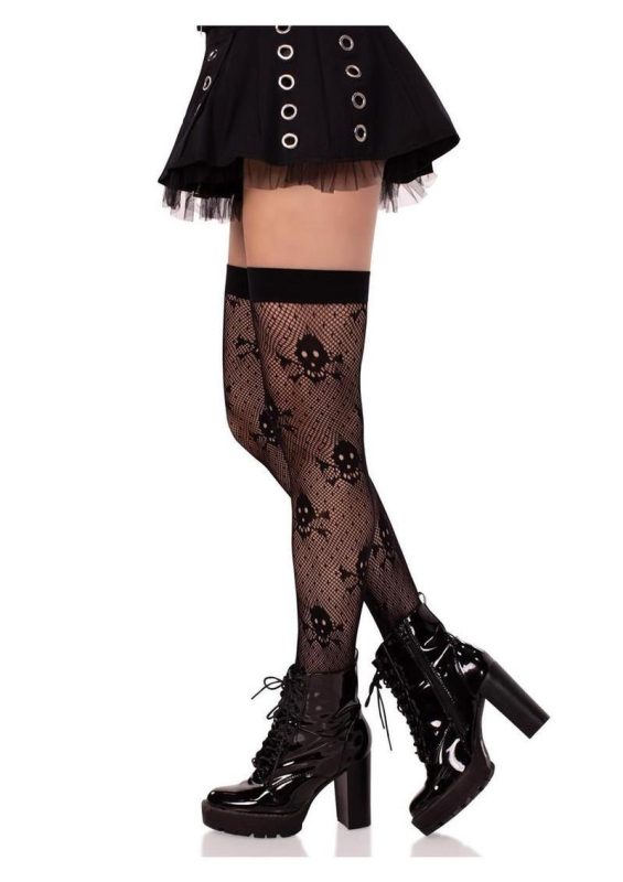 Leg Avenue Dotted Net Skull Thigh Highs - Black - O/S