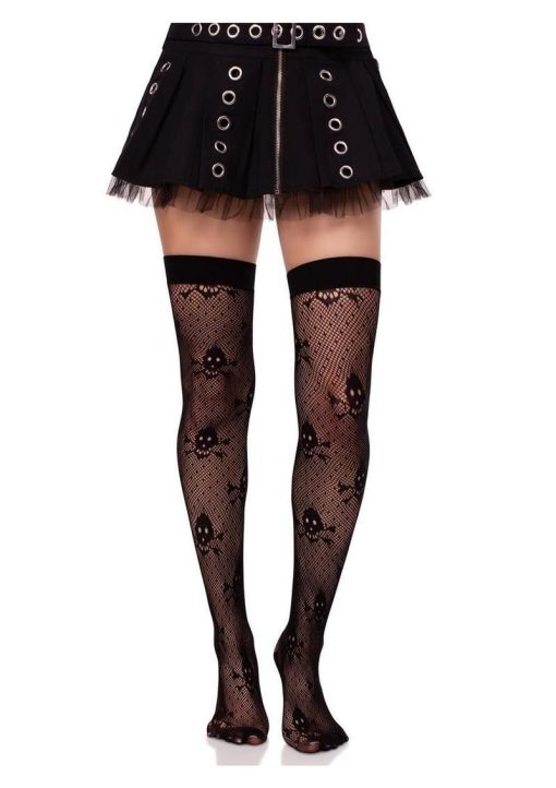 Leg Avenue Dotted Net Skull Thigh Highs - Black - O/S - Image 4
