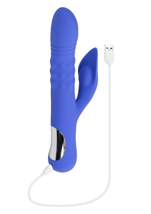 Pop Goes The O Rechargeable Silicone Triple Motor Thrusting Rabbit Vibrator - Blue - Image 4